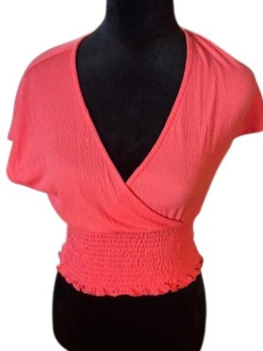Bar III Y2K Coral Smocked Waist Surplice V Neck Cross Over Crop Top EUC XS